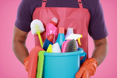 Carpet cleaning team preparing a safe work area